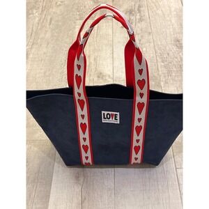 LOVE BRIGHTON Navy Suede Tote‎ Bag Red Heart Strap